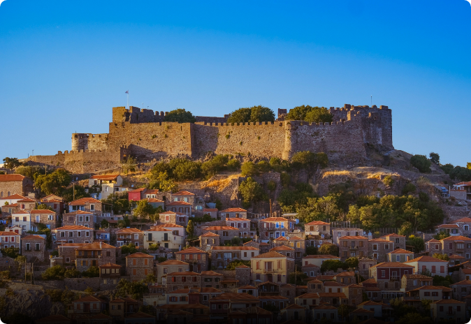 Molyvos village overlooking the Aegean, Lesvos